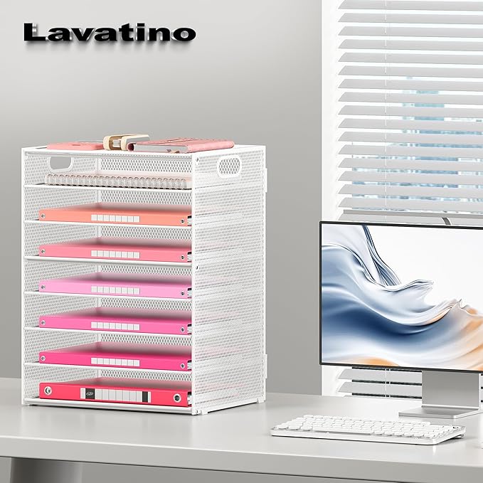 Lavatino 8-Tier Letter Tray Desk Paper Organizer, Mesh File Tray Organizer for Desk, Office Supplies & Home Organization, Fits A4 Paper, Mail, Magazines and Office Accessories (White with Handle)