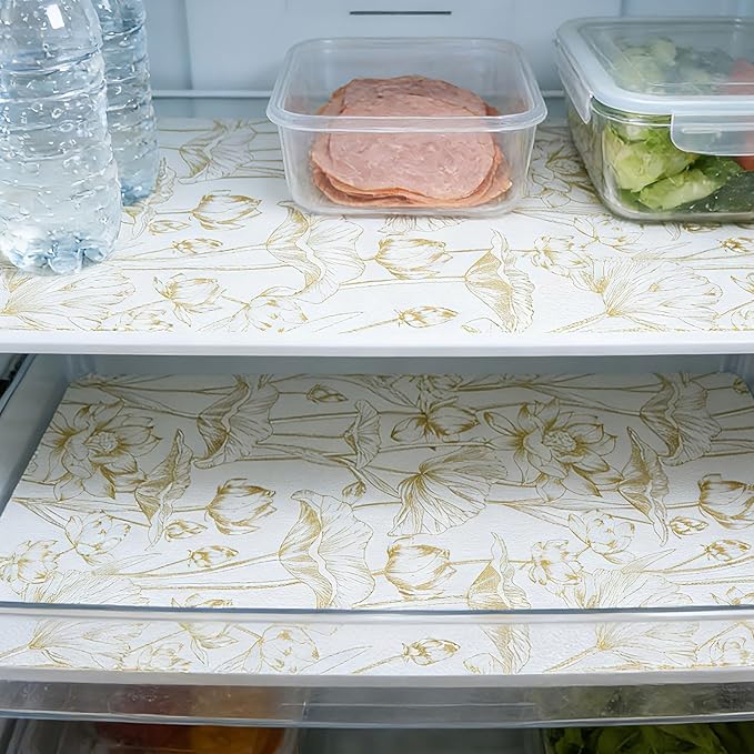 Shelf Liners Non Adhesive Light Base Gold Lotus Pattern - Thickened Non-Slip Easy to Clean Drawer Liner for Kitchen Cabinets, Tool Box, Refrigerator, with Knife & Tape Measure, 12in x 20FT