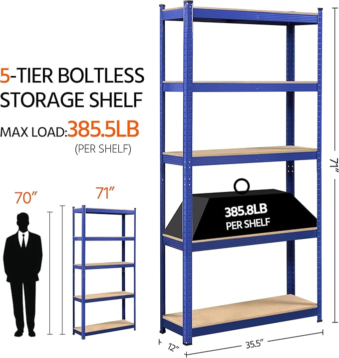 Topeakmart 5-Tier Utility Shelves, Metal Adjustable Garage Shelves Storage Racks Heavy Duty Shed Shelving Unit- Blue, 35.5 x 12 x 71 Inch