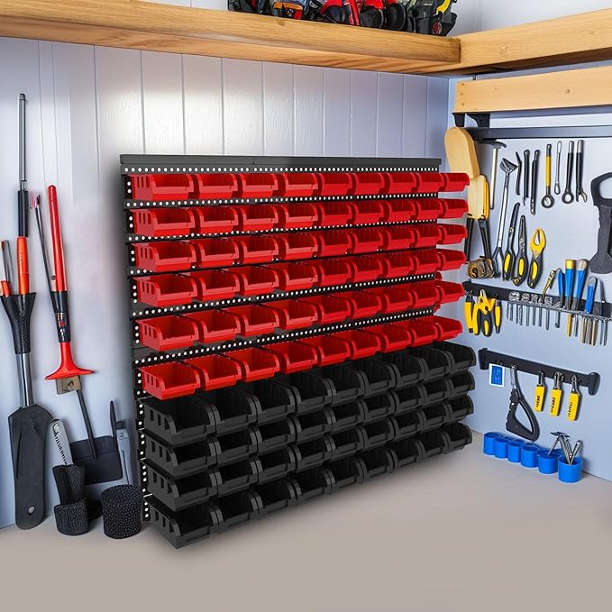 ‌90PCS Wall Mount Storage Bins Organizer - Adjustable Plastic Compartments for Screws/Nuts/Bolts／hardware, Perfect for Garage & Workshop Tool Organization
