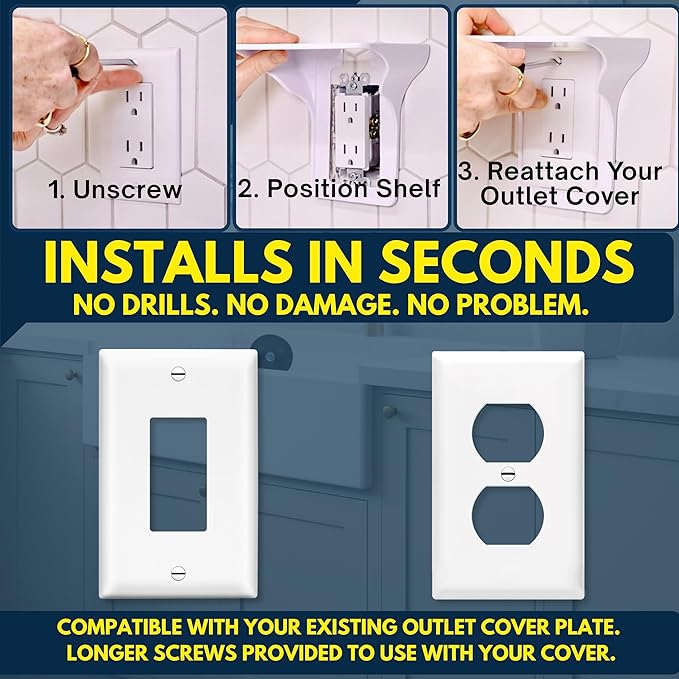 BeraTek Power Perch Wall Outlet Shelf with Cord Storage Strap - Declutter & Reclaim Counter Space - Top Uses: Charging Shelf, Echo Dot Stand, Apple HomePod Mini Wall Mount - White, 2-Pack
