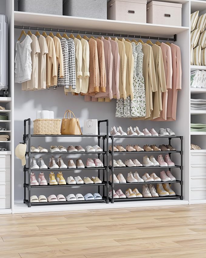 Kitsure Shoe Rack for Closet - 10-Tier Shoe Organizer with Hook Rack, Large-Capacity & Space-Saving Shoe Shelf for Entryway, Bedroom, Living Room,32.2" x 11.8" x 68.5", Black