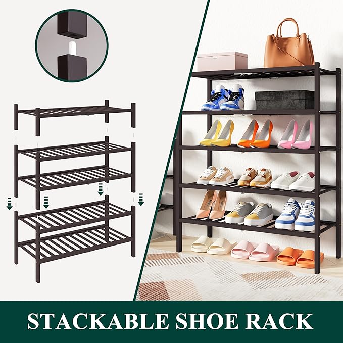 Smiry Shoe Rack, 4 Tier Thick Bamboo Shoe Organizer, Stackable Free Standing Wooden Shoe Storage Shelf for Closet, Entryway, Front Door Entrance, Brown