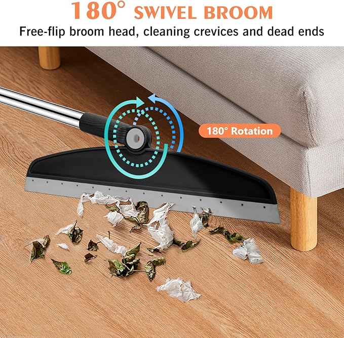 Multifunction Magic Broom, 54 Inch Adjustable Long Handle Silicone Floor Squeegee Broom, Sweep and Scrape 2 in 1 Household Cleaning Brooms for Floor, Bathrooms, Showers, Tile, Pet Hair, Black Grey