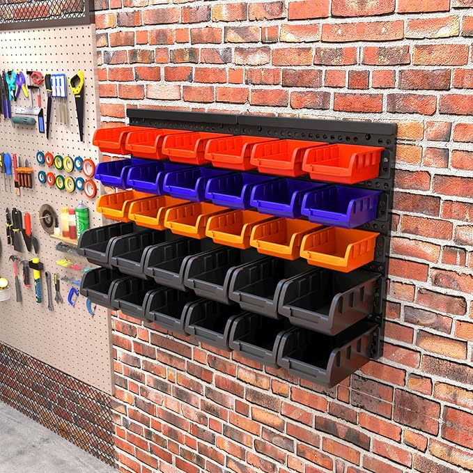 Wall Mounted Storage Bins Parts Rack 4 Colors Bin Organizer Garage Plastic Shop Tool, Garage Organizers and Storage (Style-Classic) 25.2"*16.2"