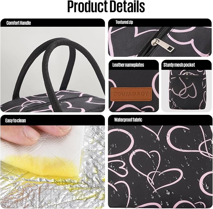 Lunch Bag Women/Men Lunch Box Women/Men (black+pink heart)