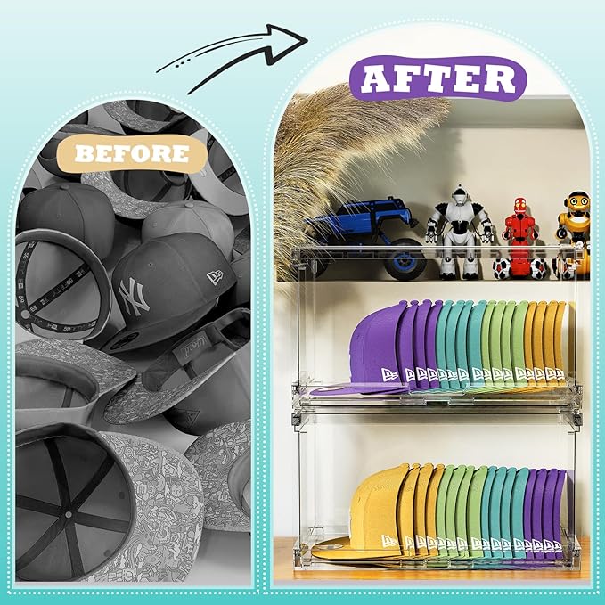2 Pack Large Hat Organizer Box, Stackable Clear Baseball Caps Holder Box Containers with Sliding Door for Hats Snapback Cap Storag, Hat Rack Display Case, Holds 20 Hats Each -Clear