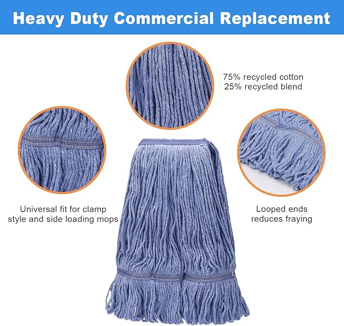 2 Pack Heavy Mop Replace Head，mop Head Replacement,Commercial mop Heads,Reusable Mop Head Refills-Replacement Mop Heads SuitableWet Industrial Blue Cotton Looped End String Head Refill (Blue)