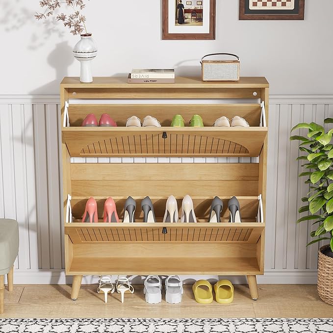 Shoe Storage Cabinet for Entryway with 2 Flip Drawers, Narrow Wood Shoe Cabinet with Fluted Panel, Freestanding Hidden Shoe Organizer for Foyer, Hallway (Wood Color - No Shelf)