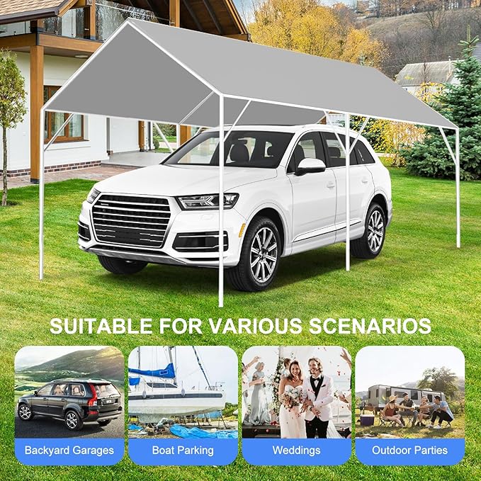 10' x 20' Canopy Replacement Cover for Carport, 220G Heavy Duty Replacement Top Cover for Car Garage, Waterproof & UV Protected Tarp with 48 Ball Bungees (Only Cover, Frame Not Included), Grey