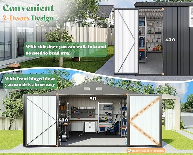 AMERLIFE 13x21x8 FT Outdoor Metal Garage Shed, Extra Large Storage Shed with Double Hinged Doors, 4 Windows, Heavy Duty Carport for Cars, Boats, Trucks and Equipment Storage, Dark Gray