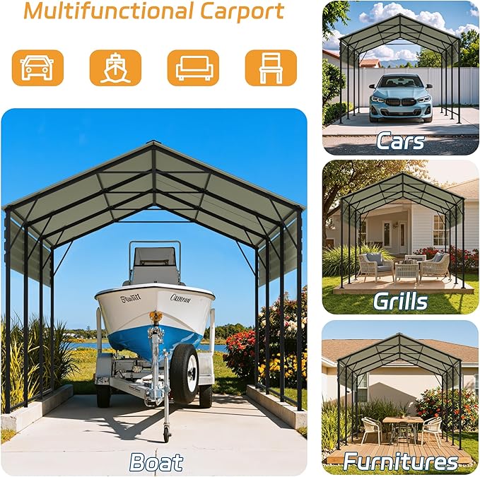 Patiowell 10x15 FT Metal Carport, Heavy Duty Carport with Reinforced Frame and Galvanized Steel Roof, Outdoor Car Port Shelter for Car, Truck, Boat and Tractor, Black
