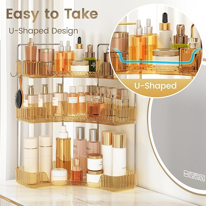 Golden 3-Tier Corner Bathroom Organizer, Countertop Storage Shelf with Hooks | Makeup & Skincare Organizer for Bathroom Sink and Vanity Counter
