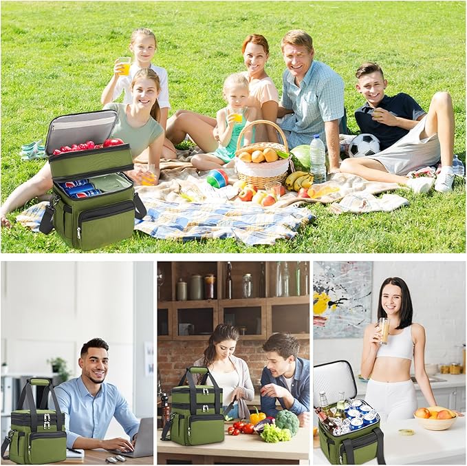 Insulated Lunch Bag & Lunch Box for Men - Double Deck Reusable Lunch Bag for Women Tote Cooler Bag Leakproof Soft Expandable - Large Lunchbox for Work/Adult/Picnic/Outdoor (Green，15L)