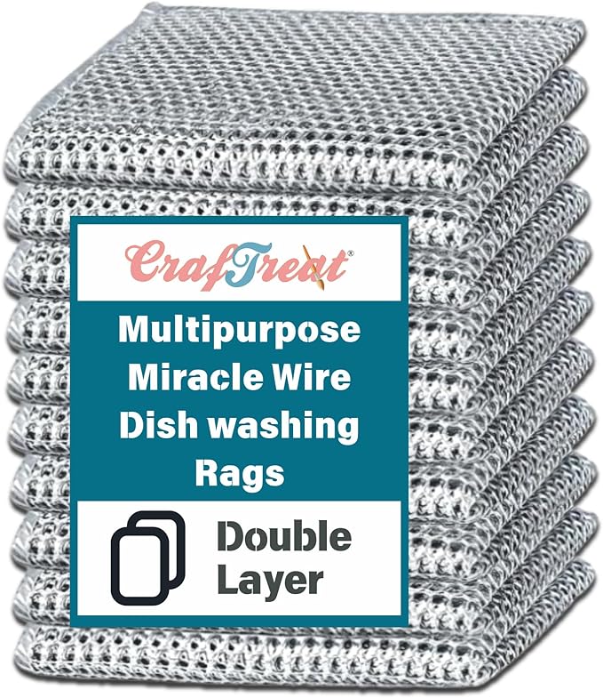 CrafTreat Non Scratch Wire Dishwashing Rag, 10 Pack Double Layer Reusable Wire Dishcloth, Silver Mesh Metal Cleaning Cloth for Pots, Pans, Sink, Steel Cookware, Wet & Dry Cleaning