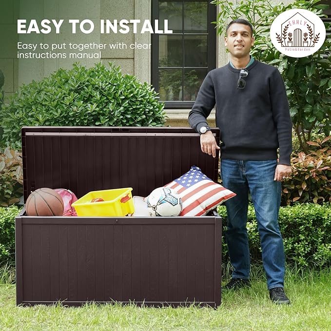 EHHLY 120 Gallon Outdoor Storage Box Large, Lockable Outside Containers Waterproof Patio Cushions Storage Deck Boxes, Plastic Garden Hose Boxes Resin Pool Storage Bins, Brown