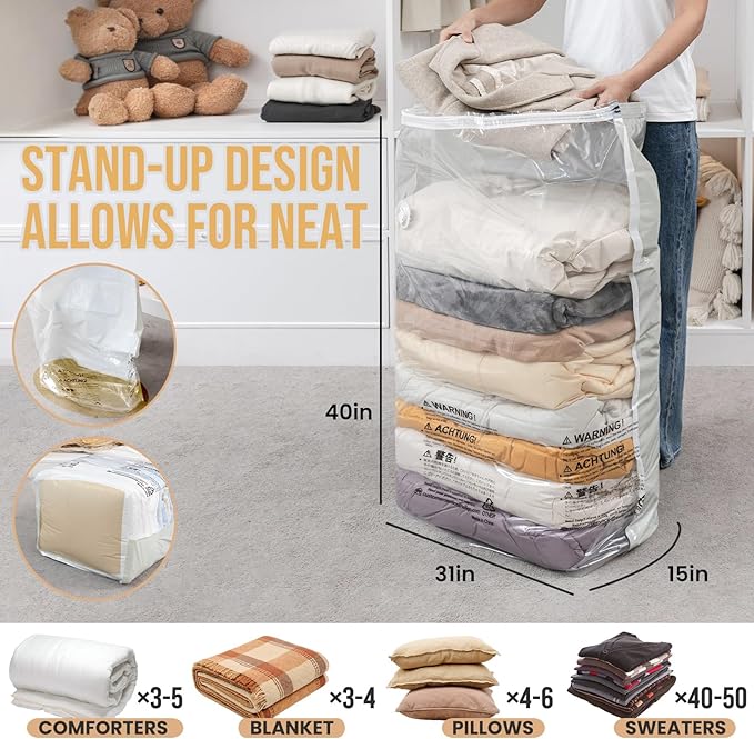 TAILI 12 Pack Vacuum Storage Bags, Jumbo Cube Space Saver (31x40x15 Inch), Large Vacuum Seal Bags for Comforters Blankets Bedding, Closet Organizer, Cream