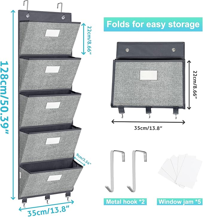 homyfort Over the Door Wall File Organizer, Hanging File Folders Organizer with 5 Large Pockets for Office and Back to School Supplies, Papers, Charts, Mails, Magazine Storage and Organization