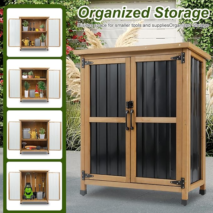Small Outdoor Storage Cabinet Wood & Metal, Small Garden Tool Storage Cabinet with Asphalt Roof, Double Lockable Doors & Removable Shelves for Porch, Patio, Garden, Backyard