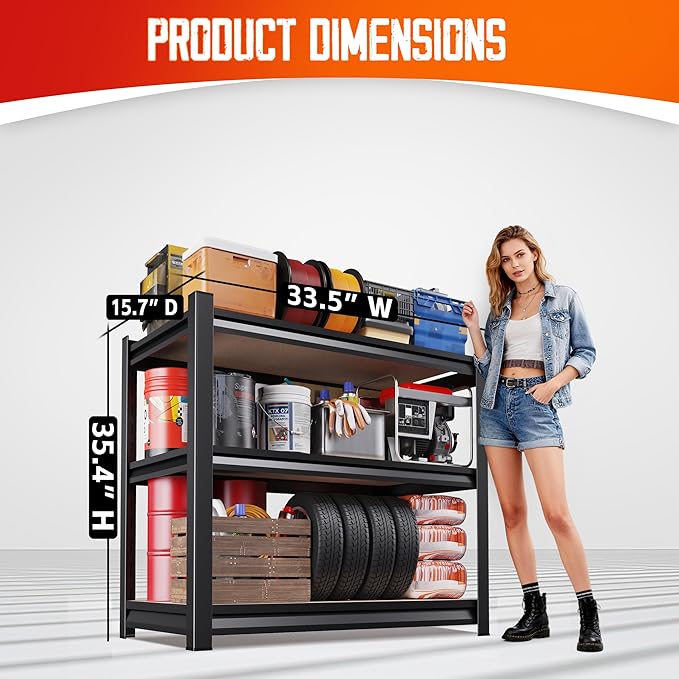 Set of 4 Garage Shelving,3 Tier Garage Storage Shelves,Adjustable Heavy Duty Metal Shelving Units and Storage Large Rack,Utility Steel Shelf For Shop Warehouse Industrial Pantry Basement 33"x35"x16"