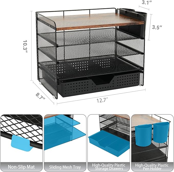 Desk Organizers and Accessories, 5-Tier Paper Letter Tray Organizer with Drawer & 2 Pen Holders, Desktop Organizer for Office Supplies (Wood)