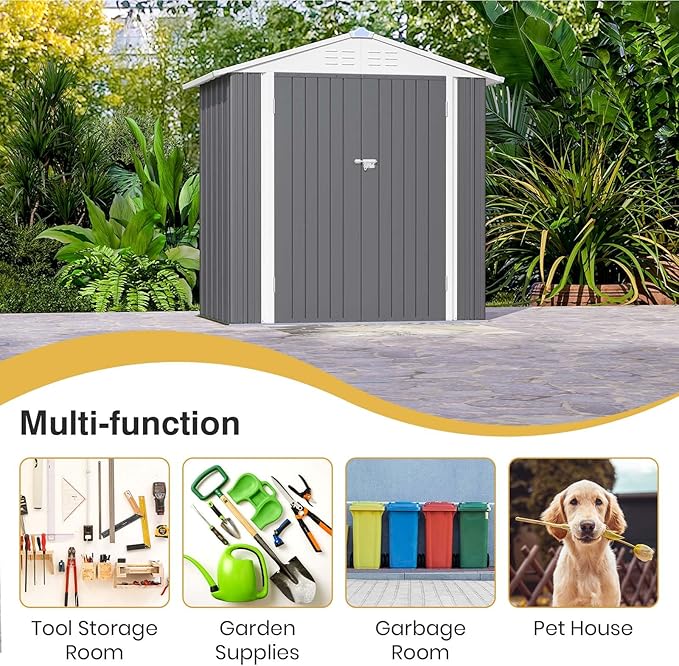 Patiowell 6x4 FT Storage Shed, Outdoor Metal Sheds with Lockable Door and Sloping Roof, Waterproof Outside Utility Garden Tool Shed with Breathable Vents for Patio Lawn Backyard, Gray