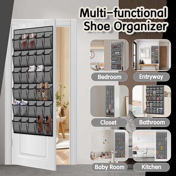Over the Door Shoe Organizer with 30 Breathable Mesh Pockets - Large Capacity Closet Storage for Men & Women, Hanging Shoe Rack Organizer (2PC-Gray)