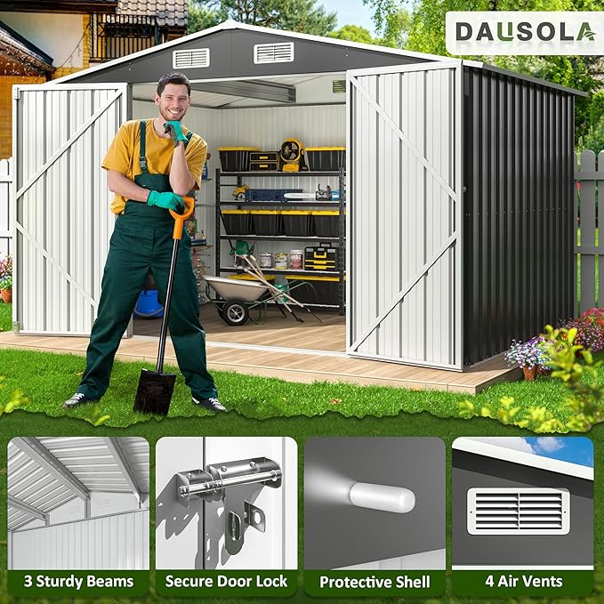 10x8 FT Outdoor Storage Shed, Metal Garden Tool Shed with Updated Frame Structure and Lockable Doors, Ideal for Backyard Garden Patio Lawn, Grey