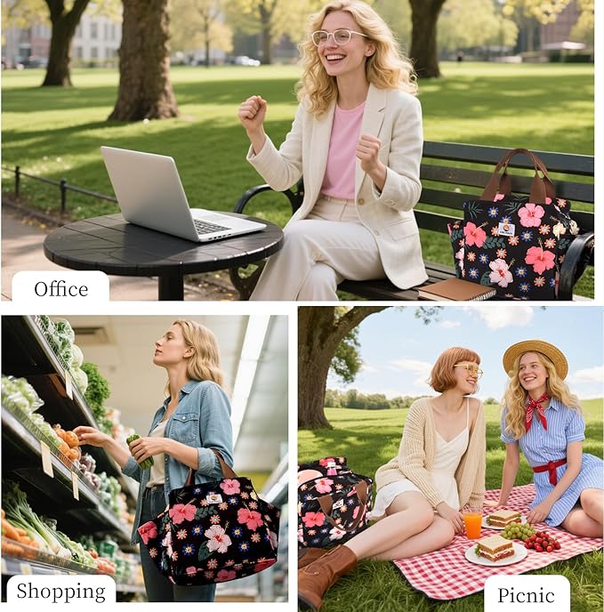 Lunch Box for Women, Large Capacity Lunch Bag Women with Bottle Holder & Side Pockets,Cute lunch box Insulated Lunch tote bag for Work Office Travel Picnic (Flower)