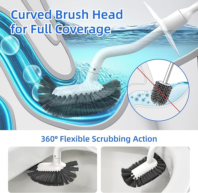 Toilet Brush and Holder Set with Pumice Stone – Long Handle Toilet Bowl Brush, Anti-Splash Scrubber, Ventilated Drip-Free Base, Deep Cleaner for Hard Water Stains, Limescale, Toilet Rings, Grey