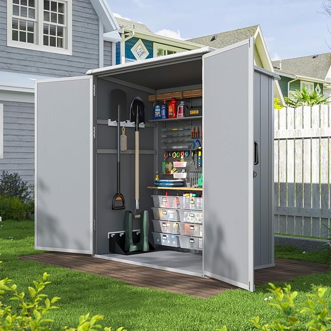 Aoxun 5x3 FT Outdoor Storage Shed, Plastic Garden Resin Shed with Floor for Patio, Lawn, Outdoor Storage Cabinet with Lockable Door for Bike, Garbage Can, Tools, Grey