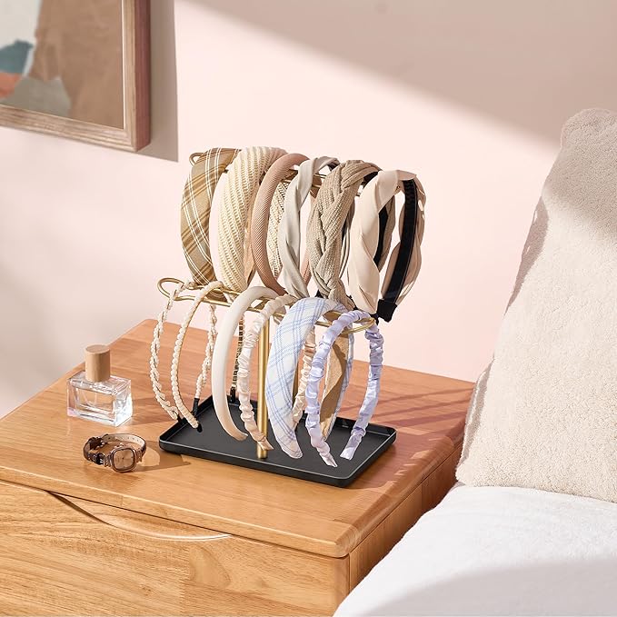 Headband Holder Organizer for Hair Accessories: Headband Storage Vanity Hair Clip Organizer, Two-Tier Stand with Storage Tray for Girls Women, Jewelry Necklace Rack for Vanity, Bathroom, Gold Black