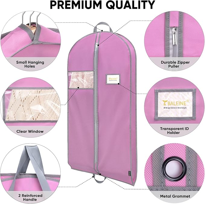 BALEINE 2PK Heavy Duty Garment Bag with Shoe Storage Travel Bag for Dresses, Suit, Coats Travel Essential (43", Pink)