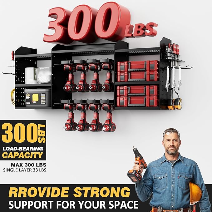 Power Tool Organizer Wall Mount with Charging Station, Heavy-Duty Metal Garage Tool Storage Rack & 8 Outlet Power Strip, 51 Inch 3 Tier 8 Bin Shelves for Workshop Organization