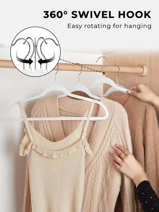 Smarter Plastic Hangers 200 Pack - Thin Hangers Non-Velvet with 360° Swivel Chrome Hook & Notches, Sweater Hanger No Shoulder Bump - Ideal for Dresses, Coats, Shirt, Jacket, Sweater - White