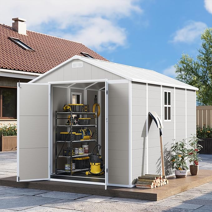 UDPATIO Resin Storage Shed 8 x 10 FT, Outdoor Garden Sheds with Floor Plastic Patio Outdoor Storage with Lockable Door for Bike, Garbage Sandstone