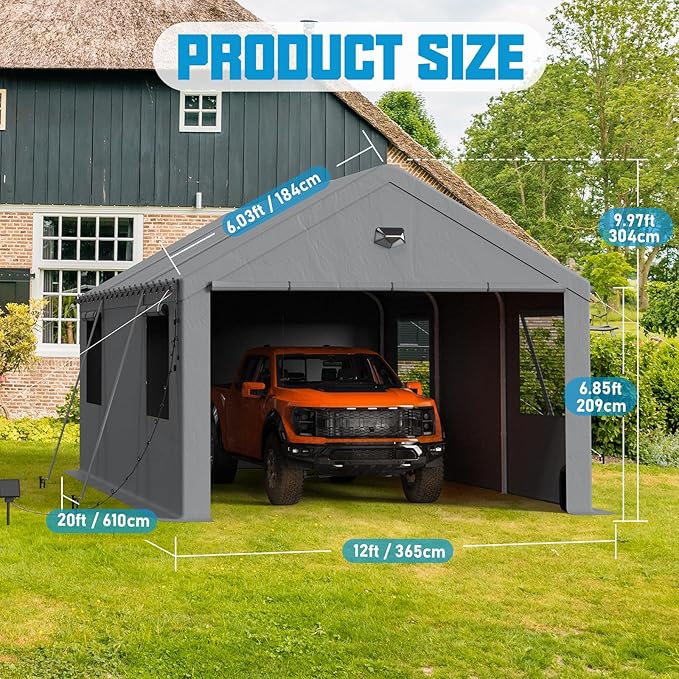Carports Canopy 12x20 Heavy Duty, Portable Car Port Garage with Roll Up Drive Through Doors, Grey