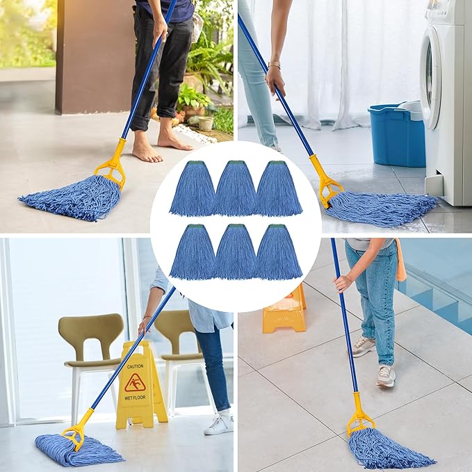 Matthew Cleaning 16oz 6Pack Cotton Floor Mop,Cotton Looped-Open String Heavy Duty String Mop Refills, Universal Headband Blend,Mop Head Replacement for Home, Industrial and Commercial Use(Blue)