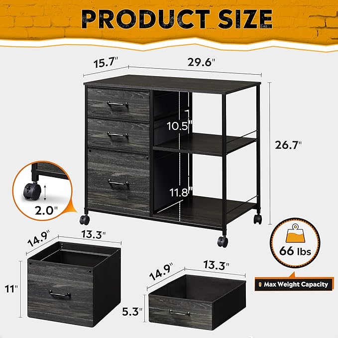 DEVAISE 3 Drawer File Cabinet, Mobile Filing Cabinet Rolling Printer Stand with Open Storage Shelf, Fabric Lateral Filing Cabinet fits A4 or Letter Size for Home Office, Charcoal Black Wood Grain