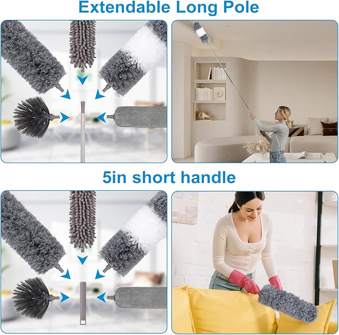 Microfiber Extendable Feather Duster (11pcs) with 100" Extension Pole, Washable Reusable Bendable Dusters for Cleaning Ceiling Fan, High Ceiling, TV, Blinds, Cars