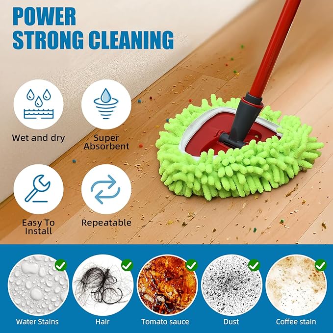 Spin Mop Heads Replacements for Ocedar Easywring 1 Tank System 3 Pack Chenille Mop Pad Spin Mop Refill for O Cedar Mop Head Replacement Green