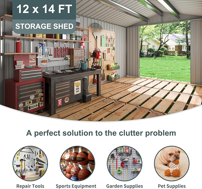 Polar Aurora 12x14 FT Outdoor Storage Shed, Garden Shed with Updated Frame Structure and Lockable Doors, Metal Tool Sheds for Backyard Garden Patio Lawn, Black