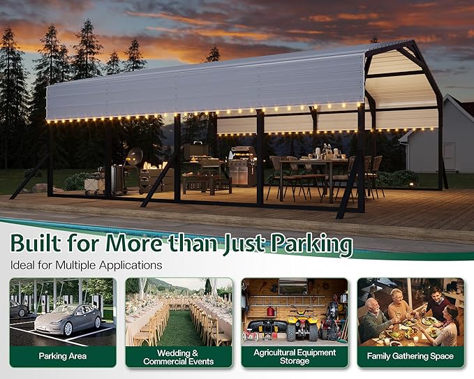 Jocisland 20x20 FT Heavy Duty Metal Carport, All-Weather Car Carport with Waterproof Removable Sidewall, Galvanized Steel Roof & Reinforced Base, Canopy for Bass Boats, Full-Sized Pickups and Tractors