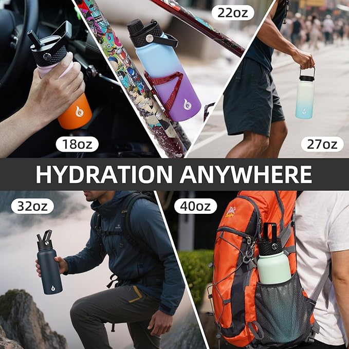 BJPKPK Insulated Water Bottles with Straw Lid, 27oz Stainless Steel Water Bottle with 3 Lids, Leak Proof BPA Free Metal Thermo, Mugs, Tumblers, Keep Cold Hot - Midnight