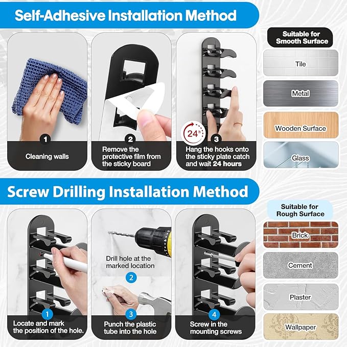 4 Pack Hat Organizer Hat Hook for Wall,Hold up to 40 Hats,Hat Holder with Strong Adhesive and Screws,Cap Holder Hat Hangers for Wall Closet Door and Bedroom(B-Black,4pcs)