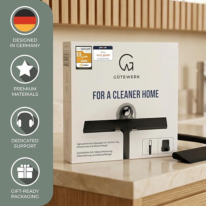 GÜTEWERK Shower Squeegee for Glass Doors, Silicone Window Squeegee, Bathroom and Glass Cleaning - Black - 15 Inch