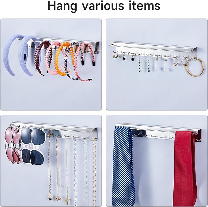 2PCS Necklace Holder Wall Mount, Hanging Jewelry Organizer, Sunglasses Holder, Headband Holders, Necklace Organizer Display with 20 Hooks for Earring,Bracelet,Glasses Storage for Women Men, Silver
