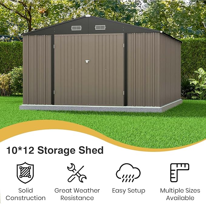 Patiowell 10x12 FT Storage Shed, Outdoor Metal Sheds with Lockable Door and Sloping Roof, Waterproof Outside Large Garden Tool Shed with Breathable Vents for Patio Lawn Backyard, Brown