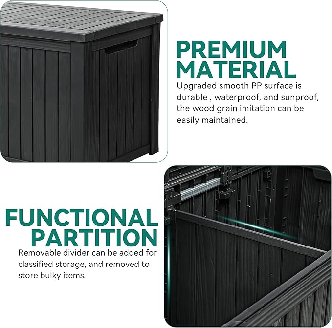 YITAHOME 180 Gallon XL Deck Box Large Outdoor Storage w/Divider for Patio Furniture,Outdoor Cushions, Garden Tools, Sports Equipment and Pool Supplies, Waterproof, Resin, Lockable, Black