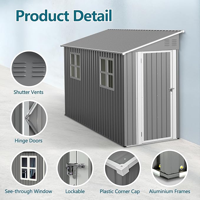 4x10FT Lean to Shed with Floor Frame & Windows, Metal Outdoor Storage Shed, Large Tool Shed for Garden Backyard Patio Storage,Outside Lean to Waterproof Shed, Gray